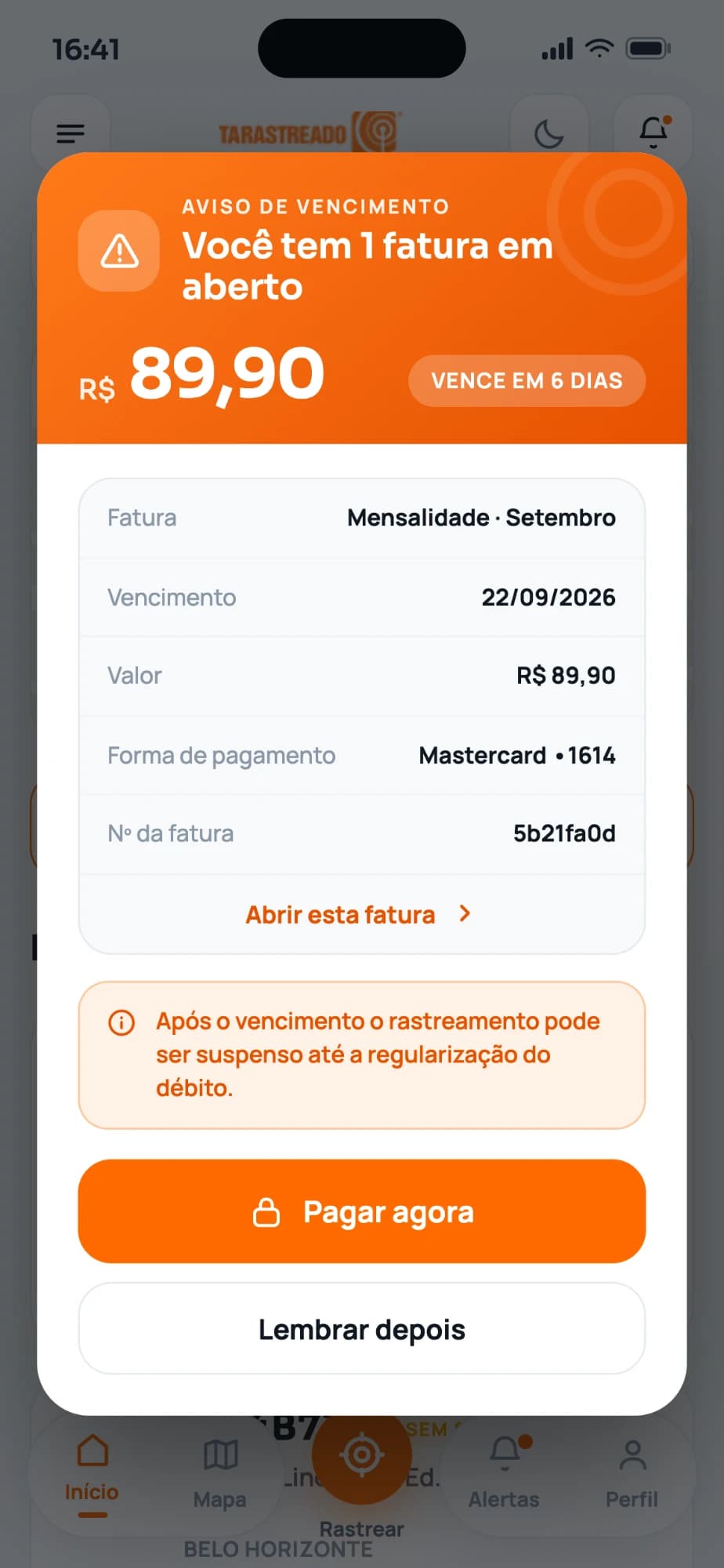 Aviso de fatura em aberto no app, com valor, data de vencimento e botão de pagamento.